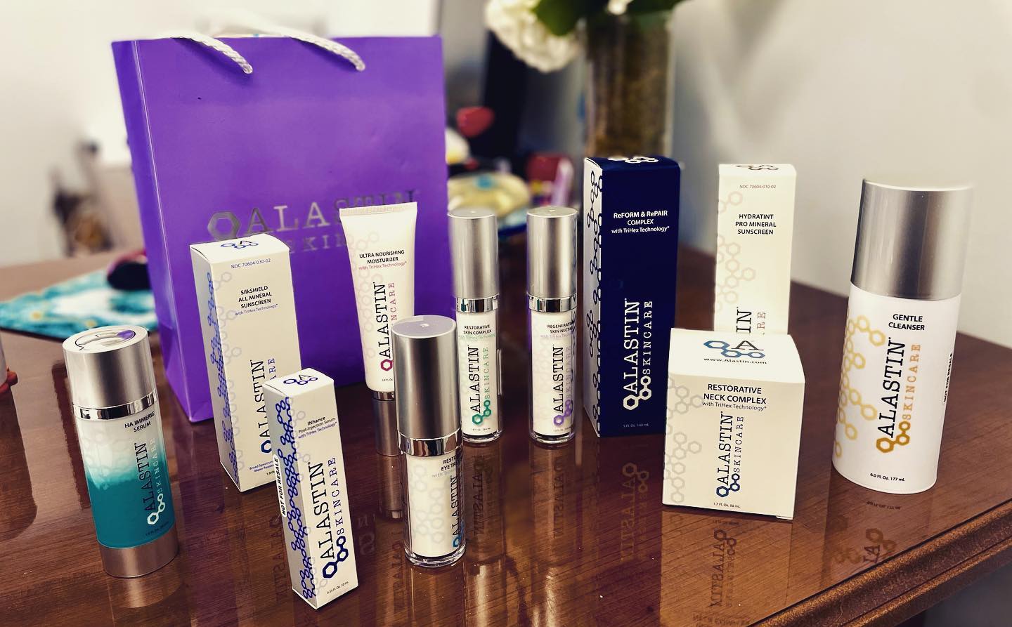 Alastin Skincare products including serums, sunscreens, and cleanser